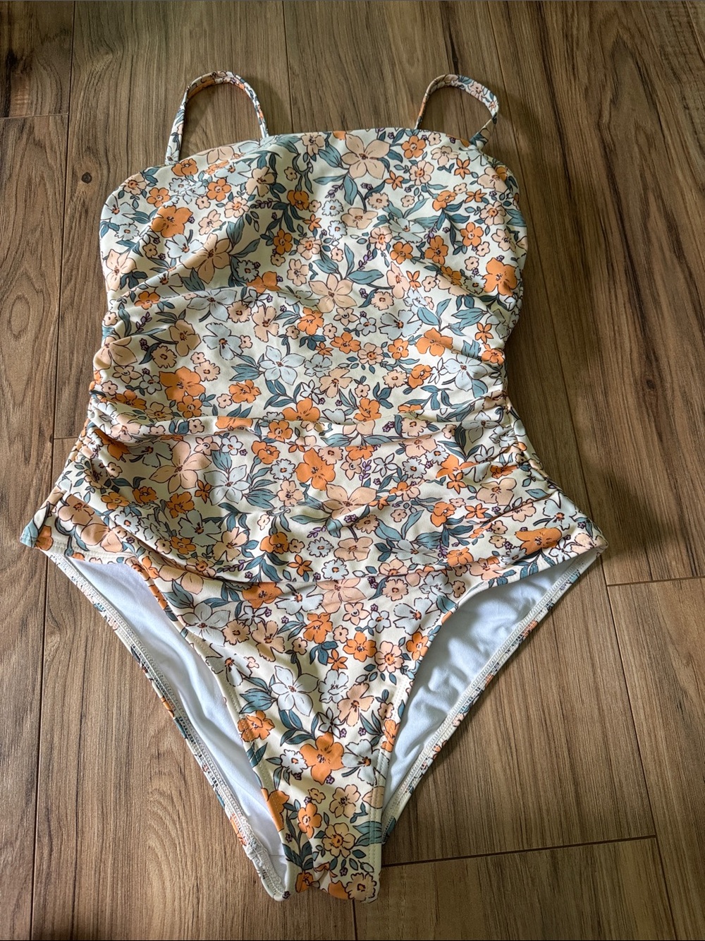 Floral Ruched One-Piece Swimsuit - Orange & Cream